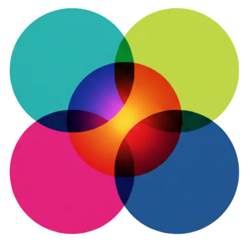 The GMS Partners symbol: four translucent circles in teal, lime, pink and blue overlapping around a bright center