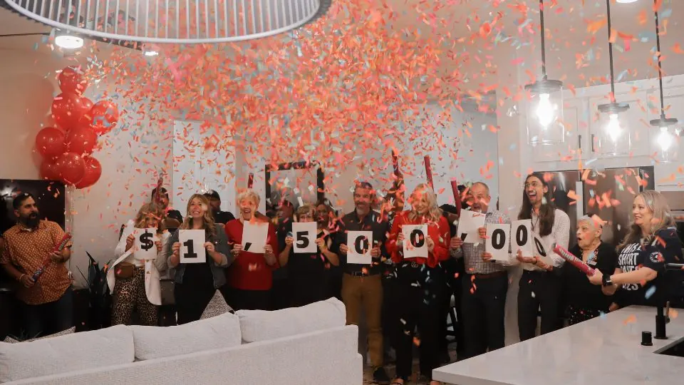 The St. Jude Dream Home giveaway celebration, confetti falling over a $1.5 million total