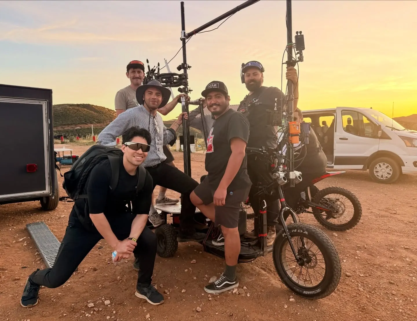 Marlon A. Medina and the production crew in the Santa Clarita hills at the end of the NAVEE commercial shoot with Kevin Garnett, the NAVEE dirt bike at the back of the frame
