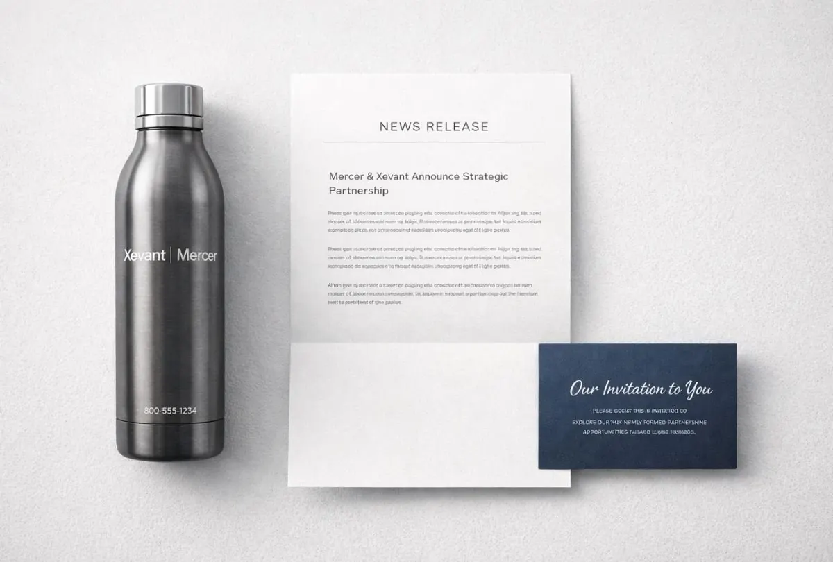 Xevant and Mercer announcement flat-lay with a branded steel bottle and news release