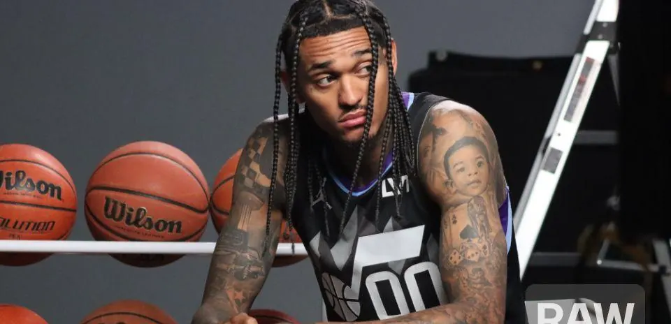 Jordan Clarkson portrait with Wilson basketballs, for Dunk City Dynasty
