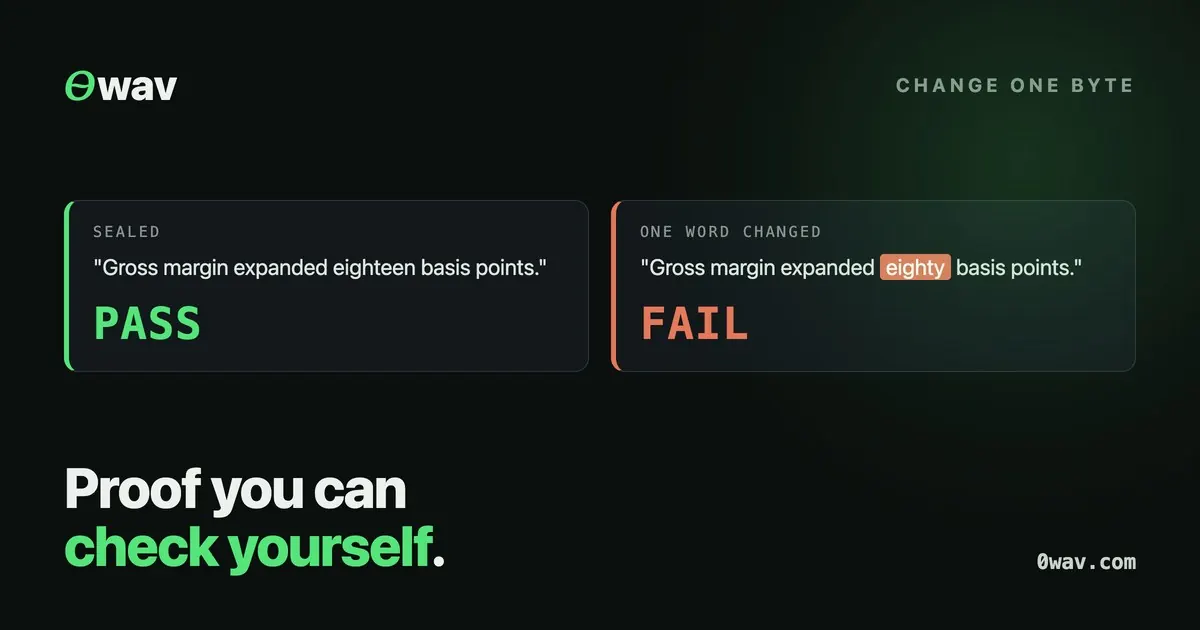 0wav brand card: a sealed transcript marked PASS, and the same transcript with one word changed, marked FAIL · Proof you can check yourself.