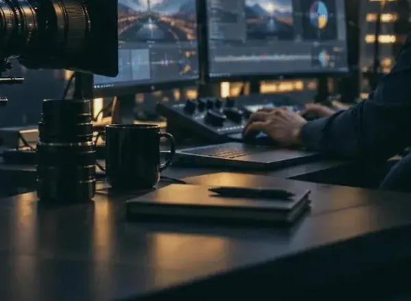 An edit bay overlooking the Las Vegas Strip at dusk