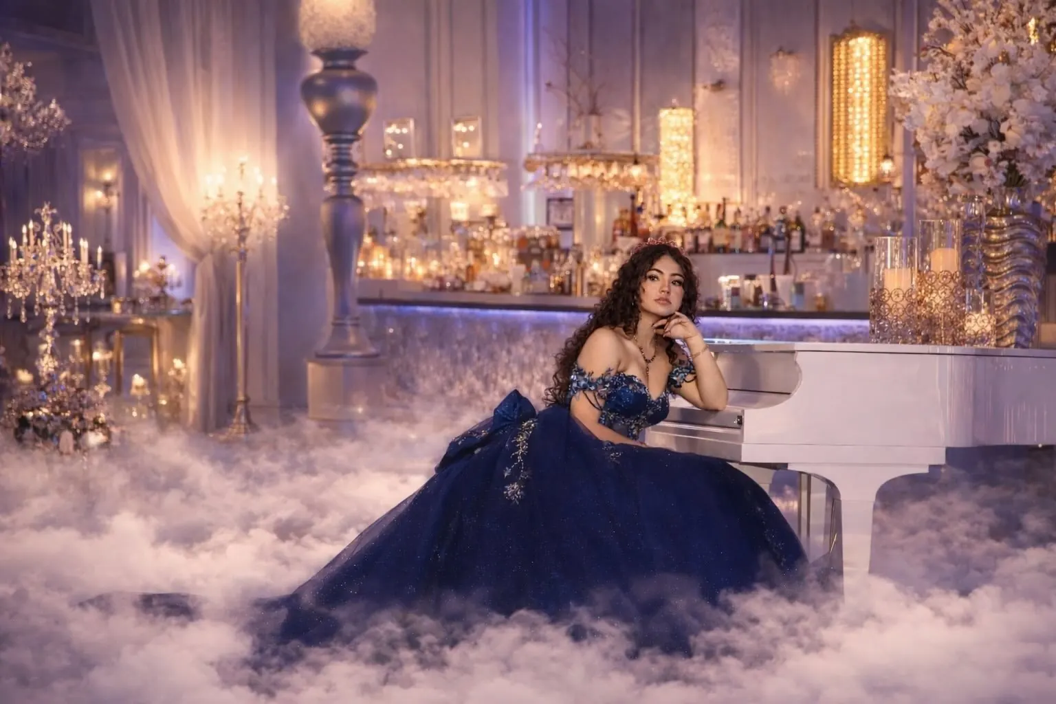 A quinceañera in a midnight-blue gown at a white piano, in a candlelit room filled with low fog
